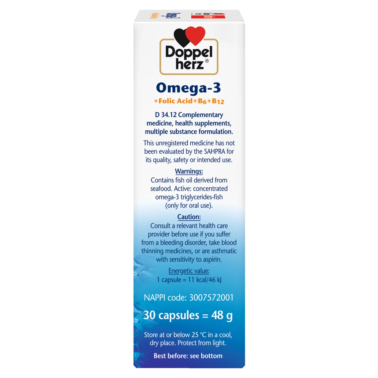 Illustration of the product packaging Doppelherz aktiv Omega-3 + Folic Acid + B6 + B12 side view right